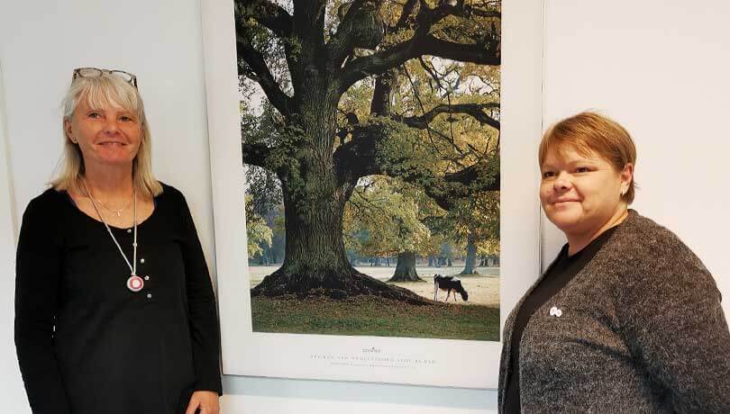 Susanne og Gitte kigger på hospitalskunst - afdelingsledere i psykiatrien i Svendborg